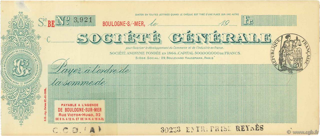Francs FRANCE regionalism and various Boulogne-Sur-Mer 1924 DOC.Chèque XF