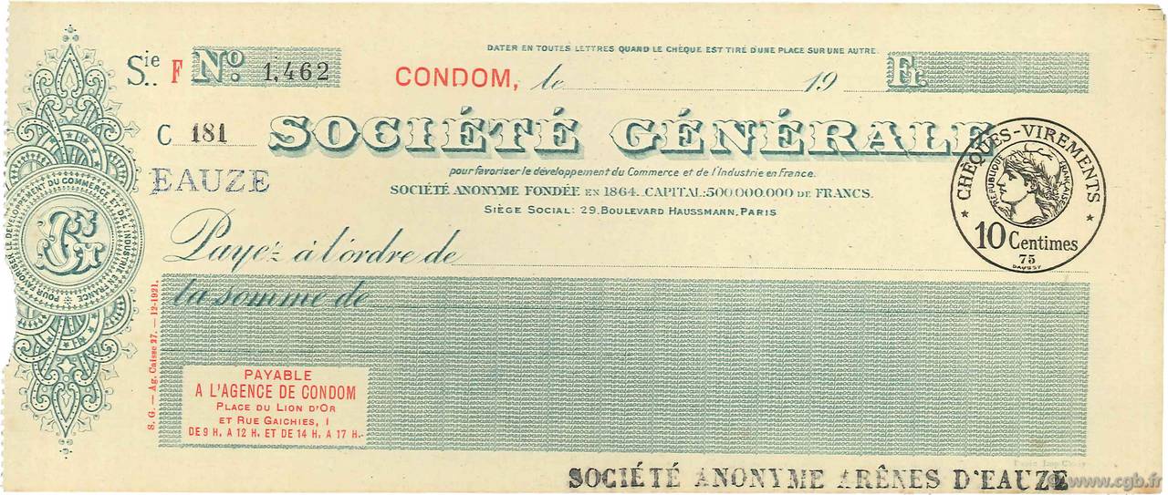 Francs FRANCE Regionalismus und verschiedenen Condom 1920 DOC.Chèque VZ