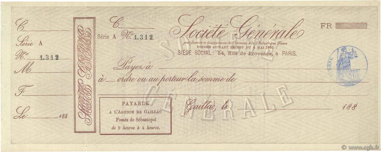 Francs FRANCE regionalismo e varie Gaillac 1880 DOC.Chèque SPL
