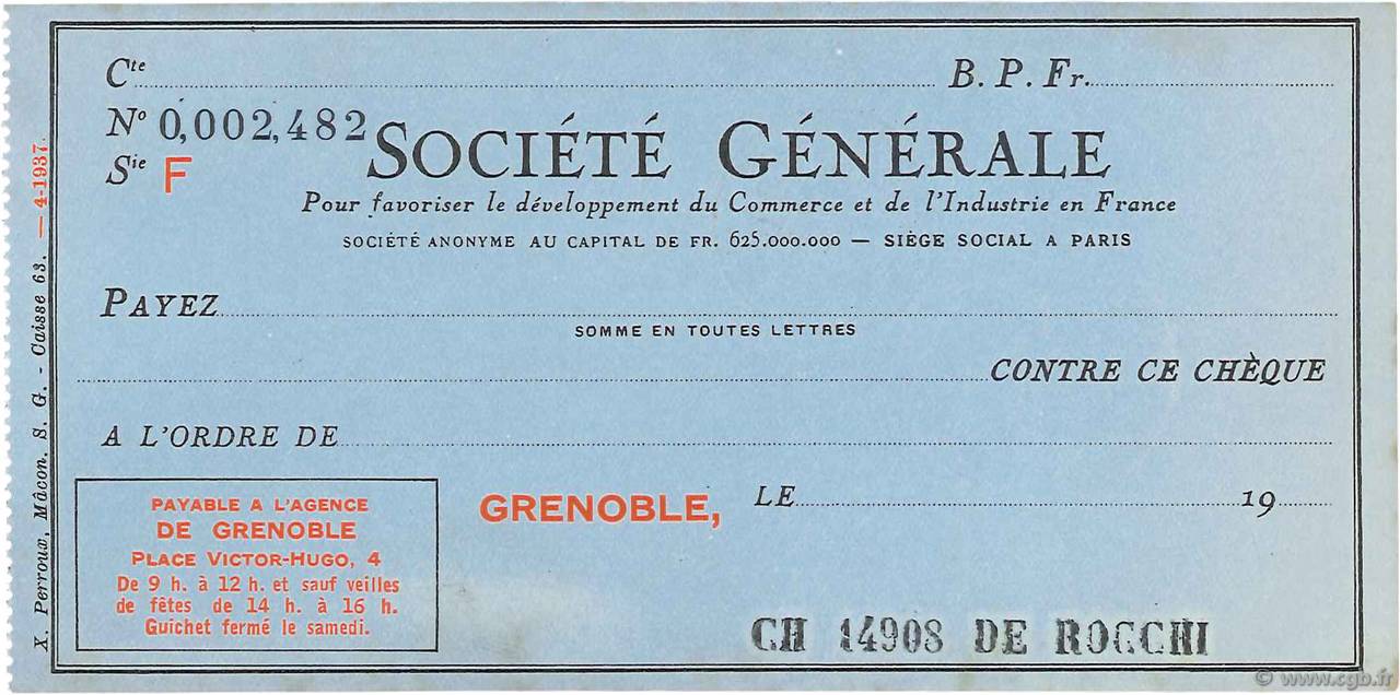 Francs FRANCE regionalismo e varie Grenoble 1937 DOC.Chèque SPL