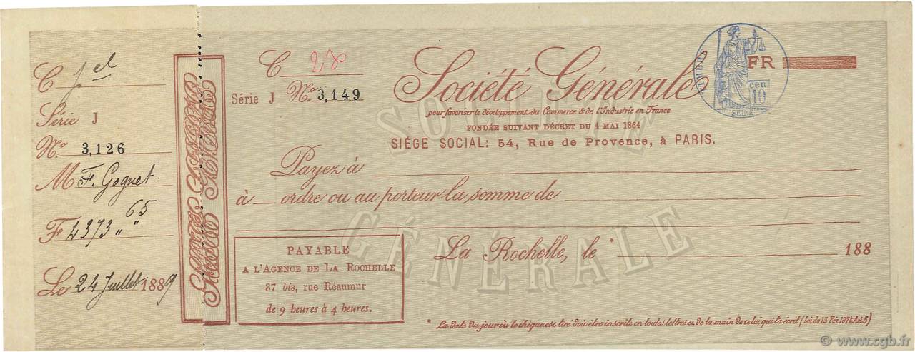 Francs FRANCE regionalismo e varie La Rochelle 1889 DOC.Chèque SPL