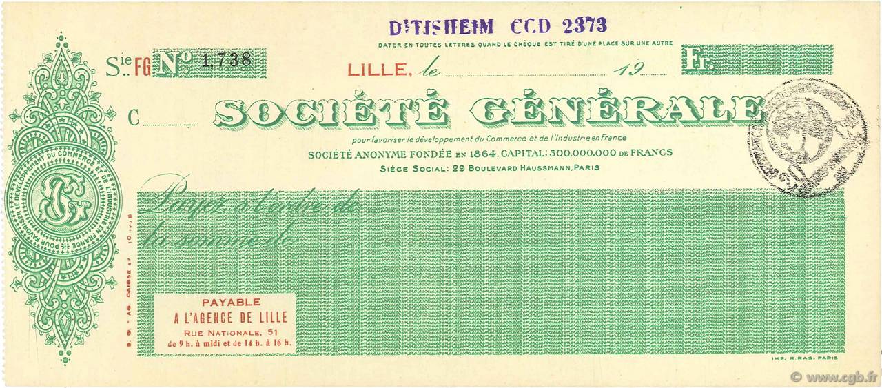 Francs FRANCE regionalism and miscellaneous Lille 1915 DOC.Chèque XF