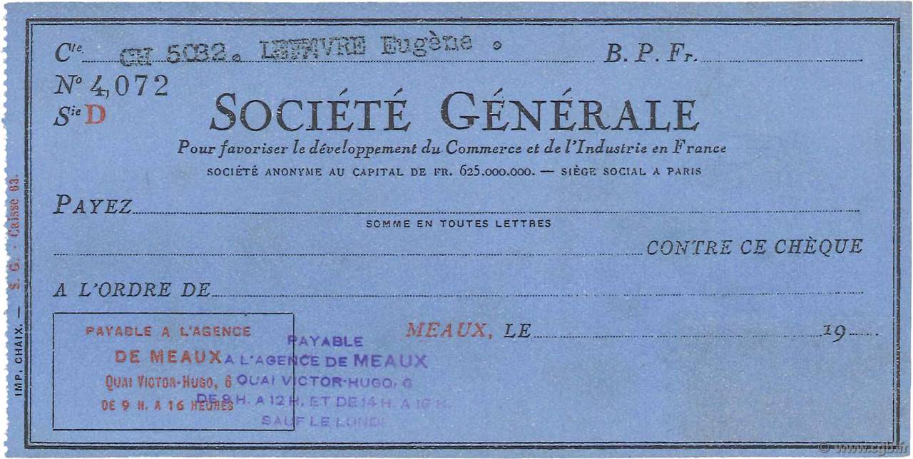 Francs FRANCE regionalism and miscellaneous Meaux 1937 DOC.Chèque XF
