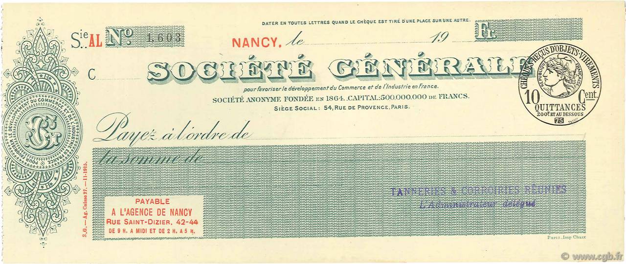 Francs FRANCE regionalismo e varie Nancy 1915 DOC.Chèque SPL
