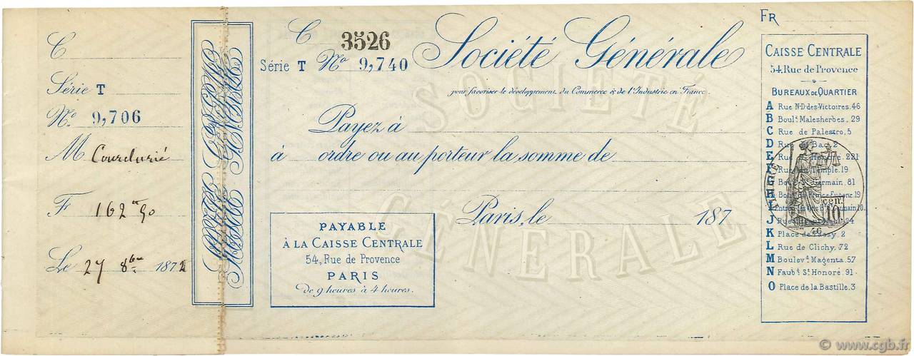 Francs FRANCE regionalism and various Paris 1879 DOC.Chèque XF