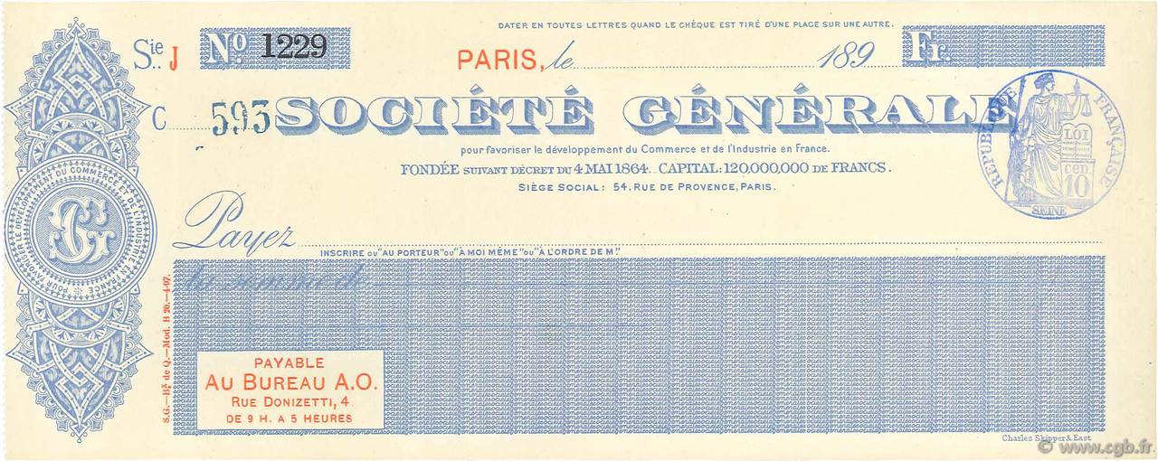 Francs FRANCE regionalismo e varie Paris 1890 DOC.Chèque AU