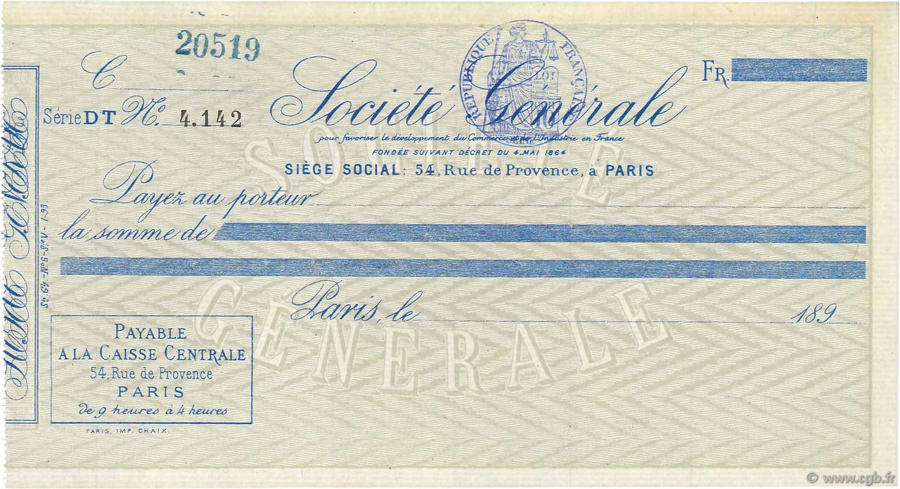 Francs FRANCE Regionalismus und verschiedenen Paris 1890 DOC.Chèque fST