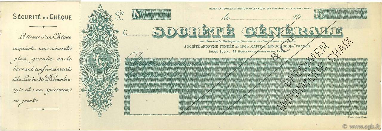Francs Spécimen FRANCE regionalismo e varie Paris 1931 DOC.Chèque SPL