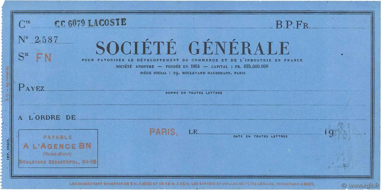 Francs FRANCE regionalism and miscellaneous Paris 1933 DOC.Chèque XF