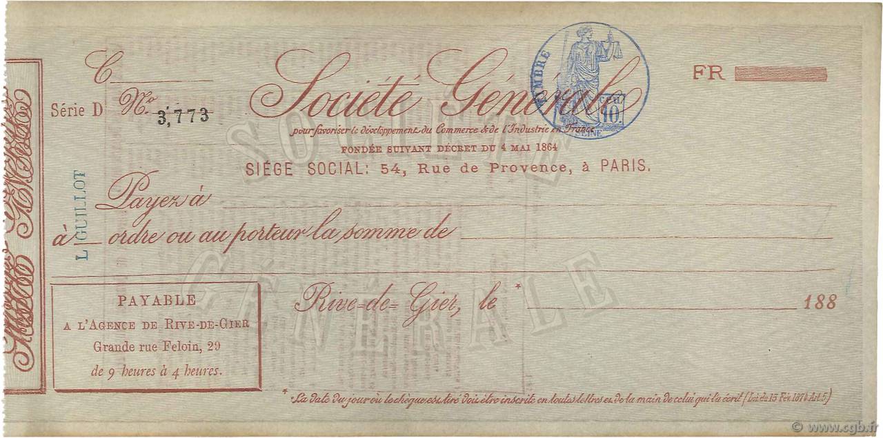 Francs FRANCE regionalism and various Rive-De-Gier 1880 DOC.Chèque XF