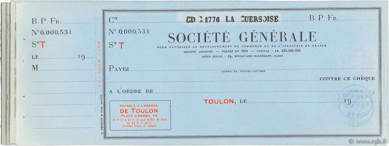 Francs FRANCE Regionalismus und verschiedenen Toulon 1938 DOC.Chèque VZ