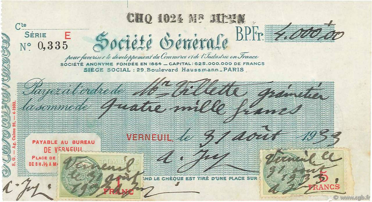 4000 Francs FRANCE regionalismo y varios Verneuil 1933 DOC.Chèque MBC