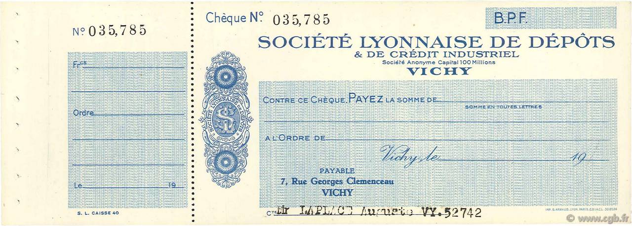 Francs FRANCE Regionalismus und verschiedenen Vichy 1931 DOC.Chèque VZ