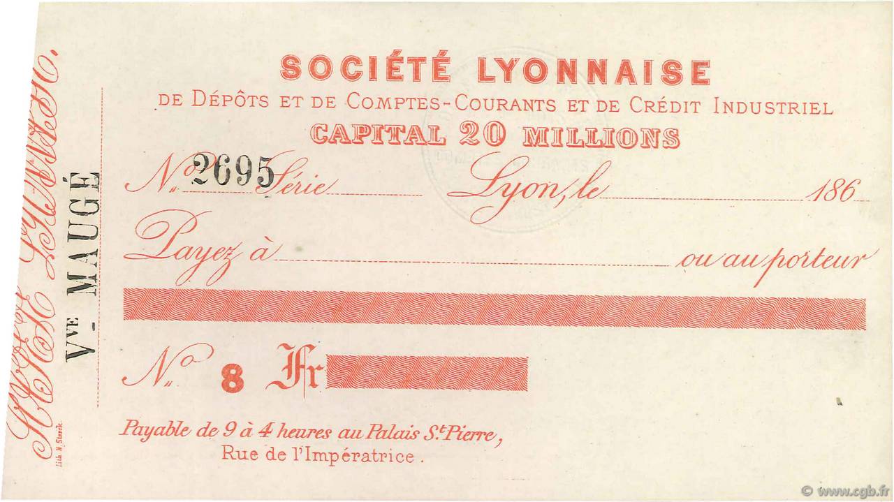 Francs FRANCE régionalisme et divers Lyon 1865 DOC.Chèque SUP
