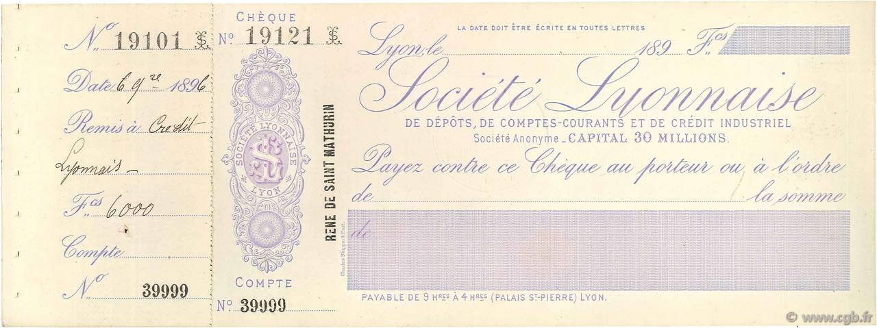 Francs FRANCE regionalism and miscellaneous Lyon 1896 DOC.Chèque XF