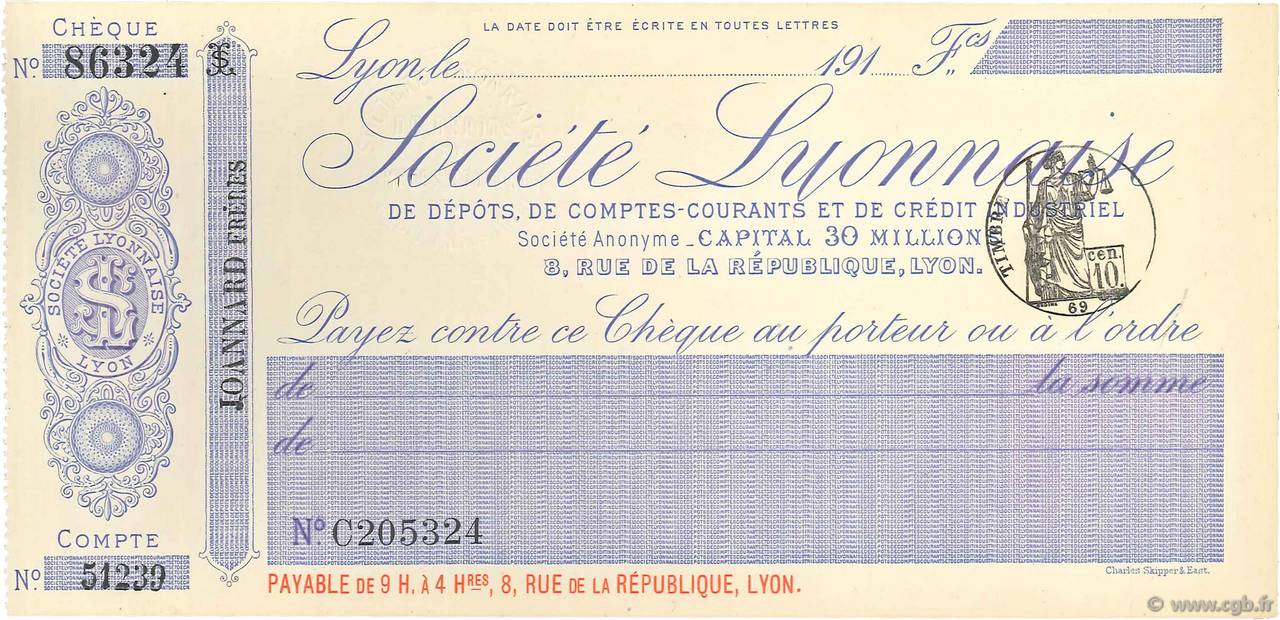 Francs FRANCE regionalismo e varie Lyon 1910 DOC.Chèque AU
