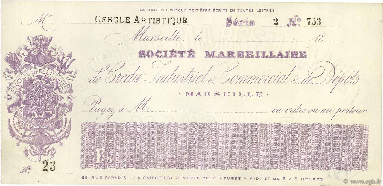 Francs FRANCE regionalism and miscellaneous Marseille 1871 DOC.Chèque XF