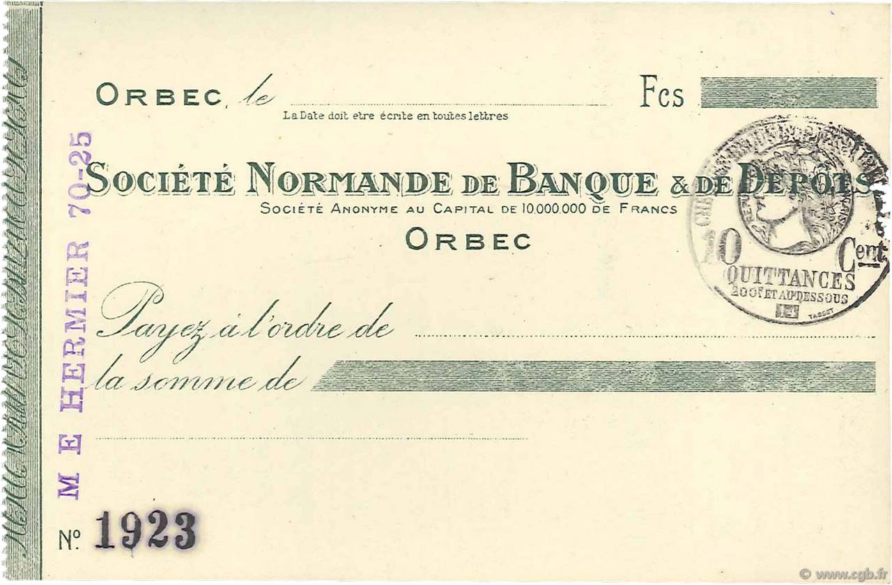 Francs FRANCE regionalism and various Orbec 1915 DOC.Chèque XF