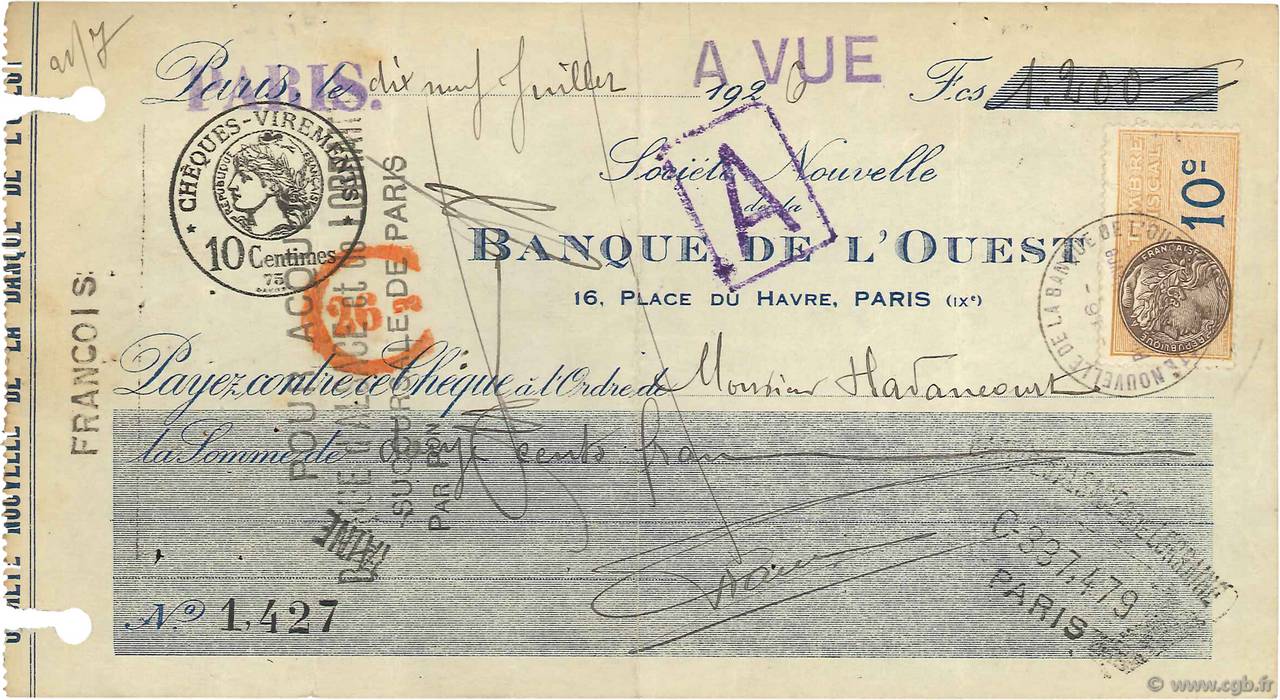 1200 Francs FRANCE regionalism and miscellaneous Paris 1926 DOC.Chèque VF