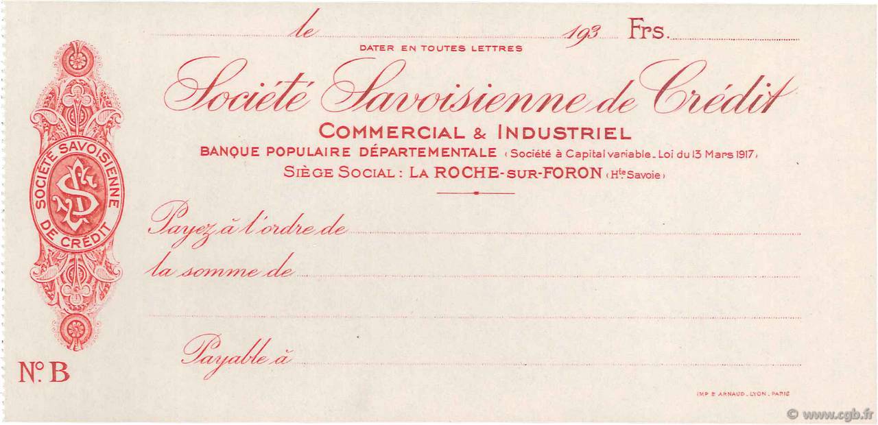 Francs FRANCE regionalism and miscellaneous La Roche-Sur-Foron 1930 DOC.Chèque AU