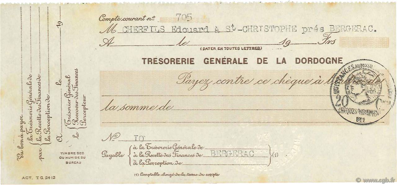 Francs FRANCE regionalism and various Bergerac 1915 DOC.Chèque XF