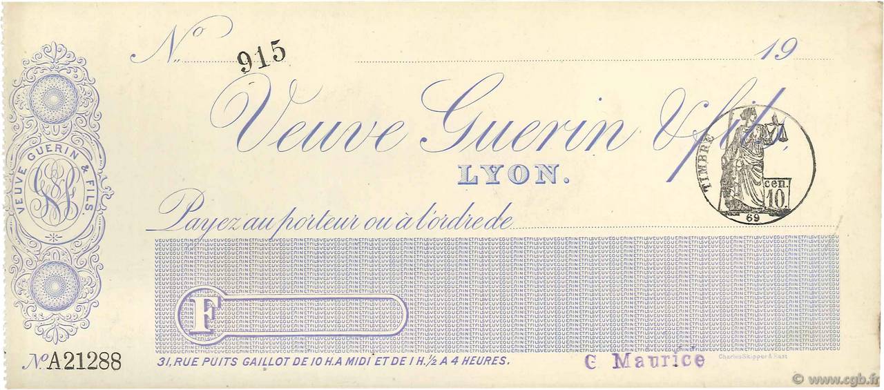 Francs FRANCE regionalism and various Lyon 1900 DOC.Chèque XF