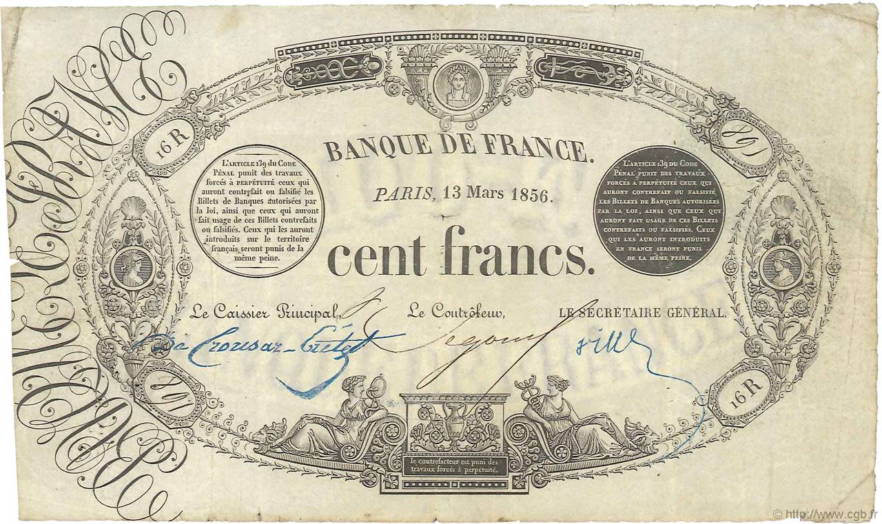 100 Francs type 1848 FRANCIA  1856 F.A25.01 BC+