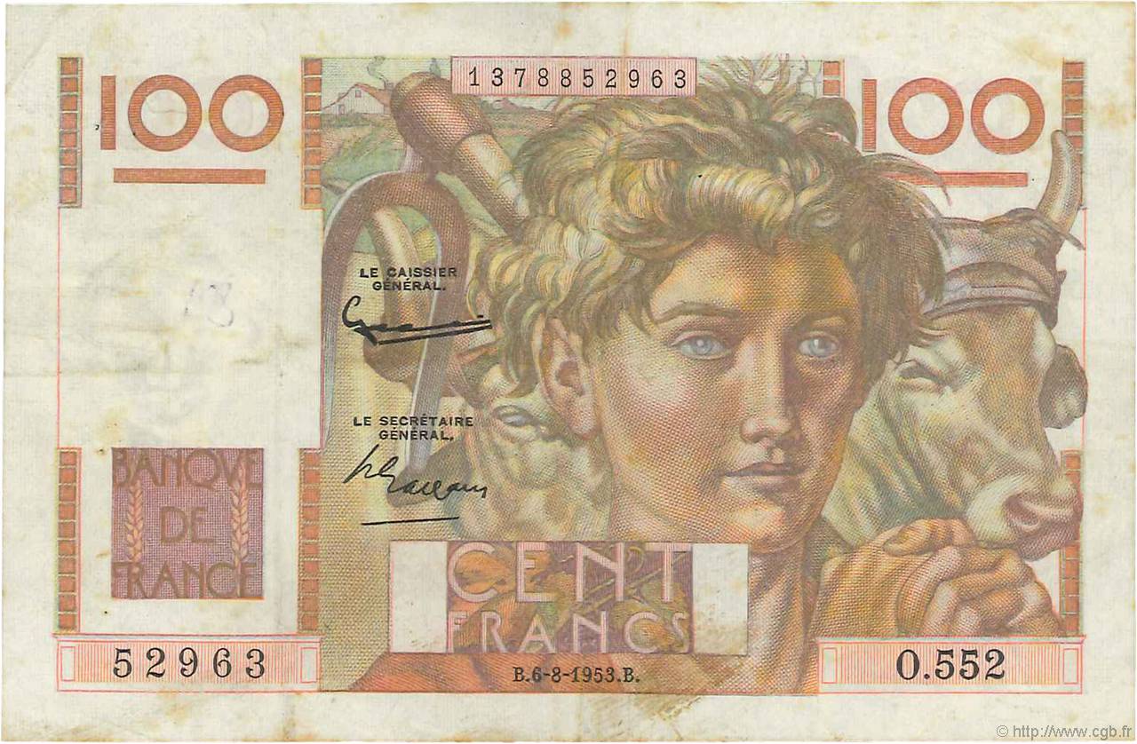 100 Francs JEUNE PAYSAN filigrane inversé FRANCE  1952 F.28bis.02 F+