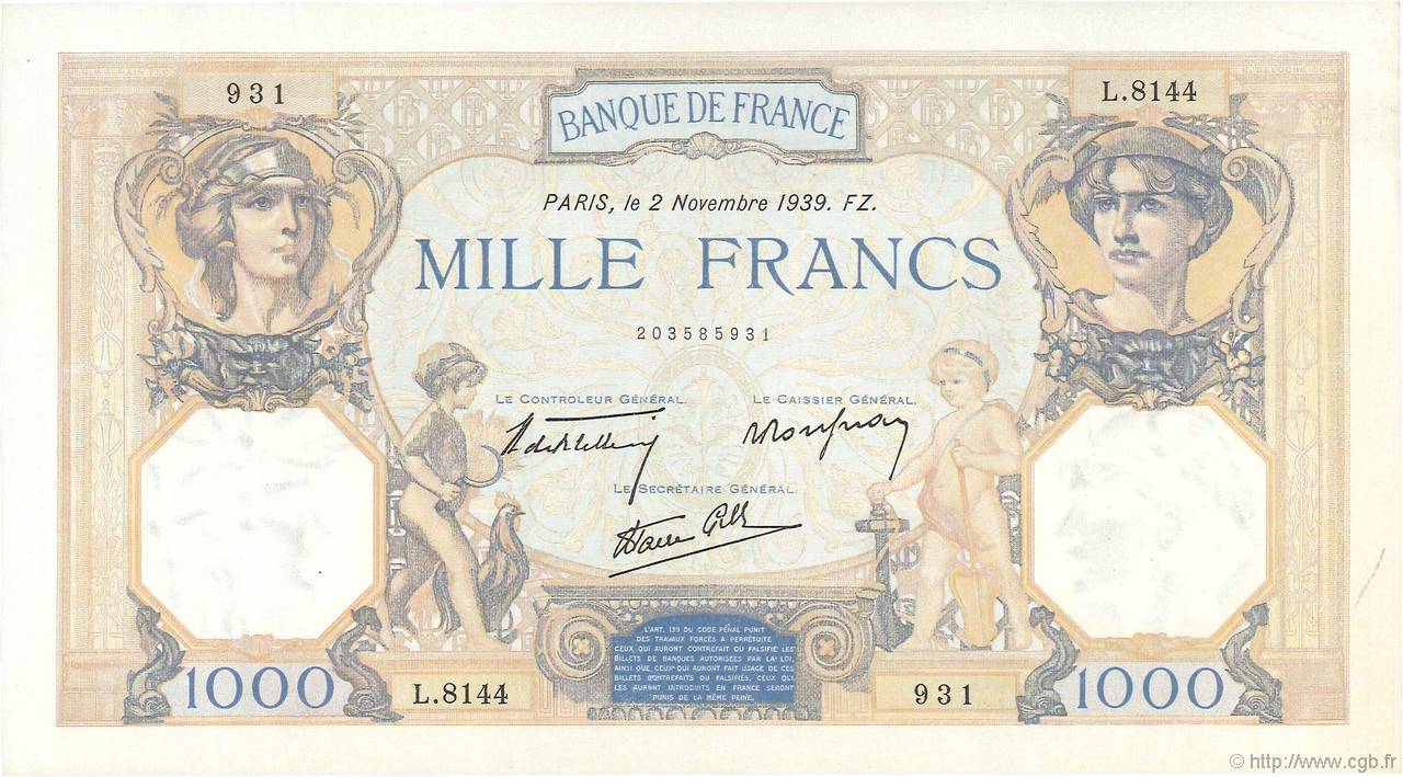 1000 Francs CÉRÈS ET MERCURE type modifié FRANCE  1939 F.38.38 XF+