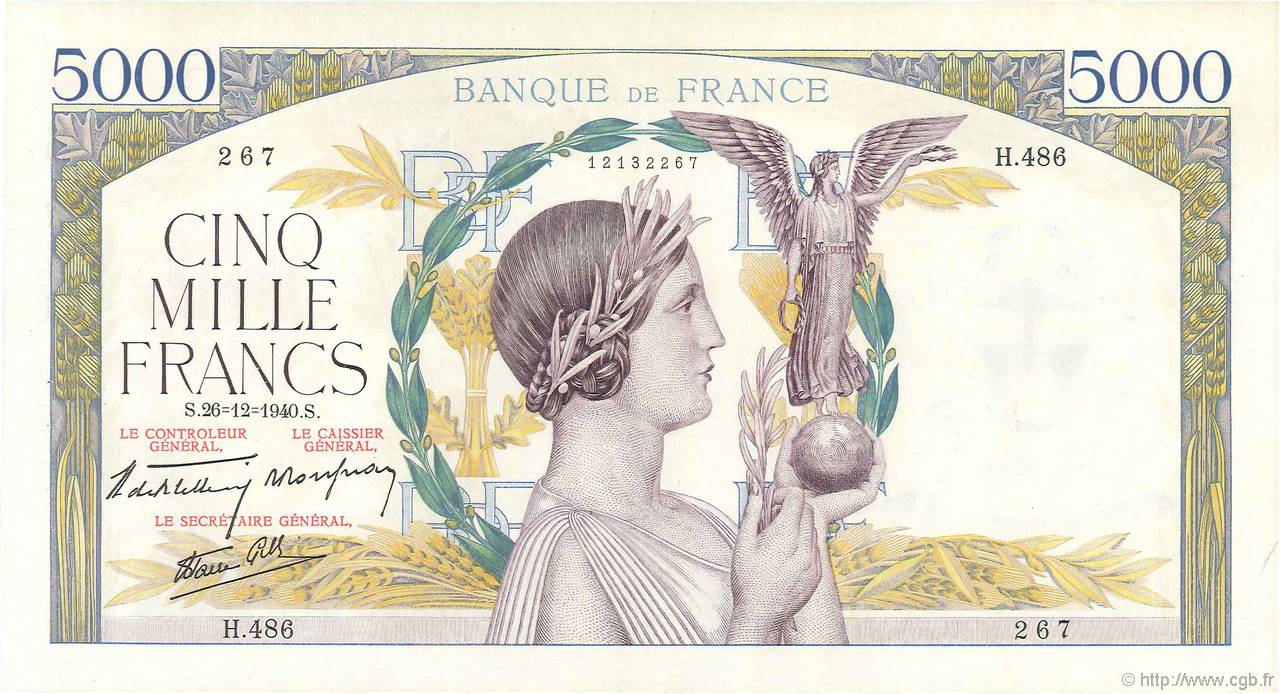 5000 Francs VICTOIRE Impression à plat FRANCE  1940 F.46.18 XF+