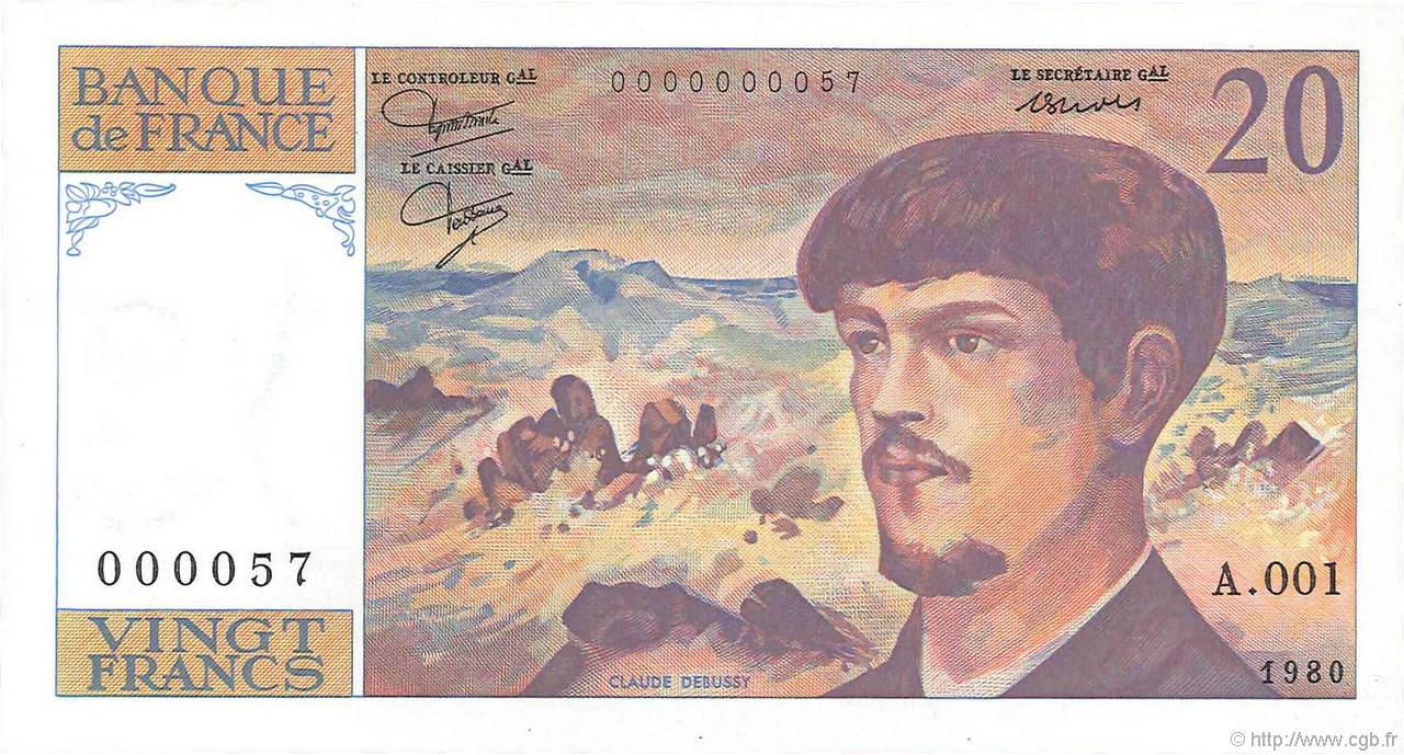 20 Francs DEBUSSY Petit numéro FRANCE  1980 F.66.01A1 UNC