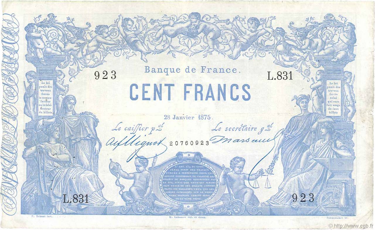 100 Francs type 1862 - Bleu à indices Noirs FRANCIA  1875 F.A39.11 BC+