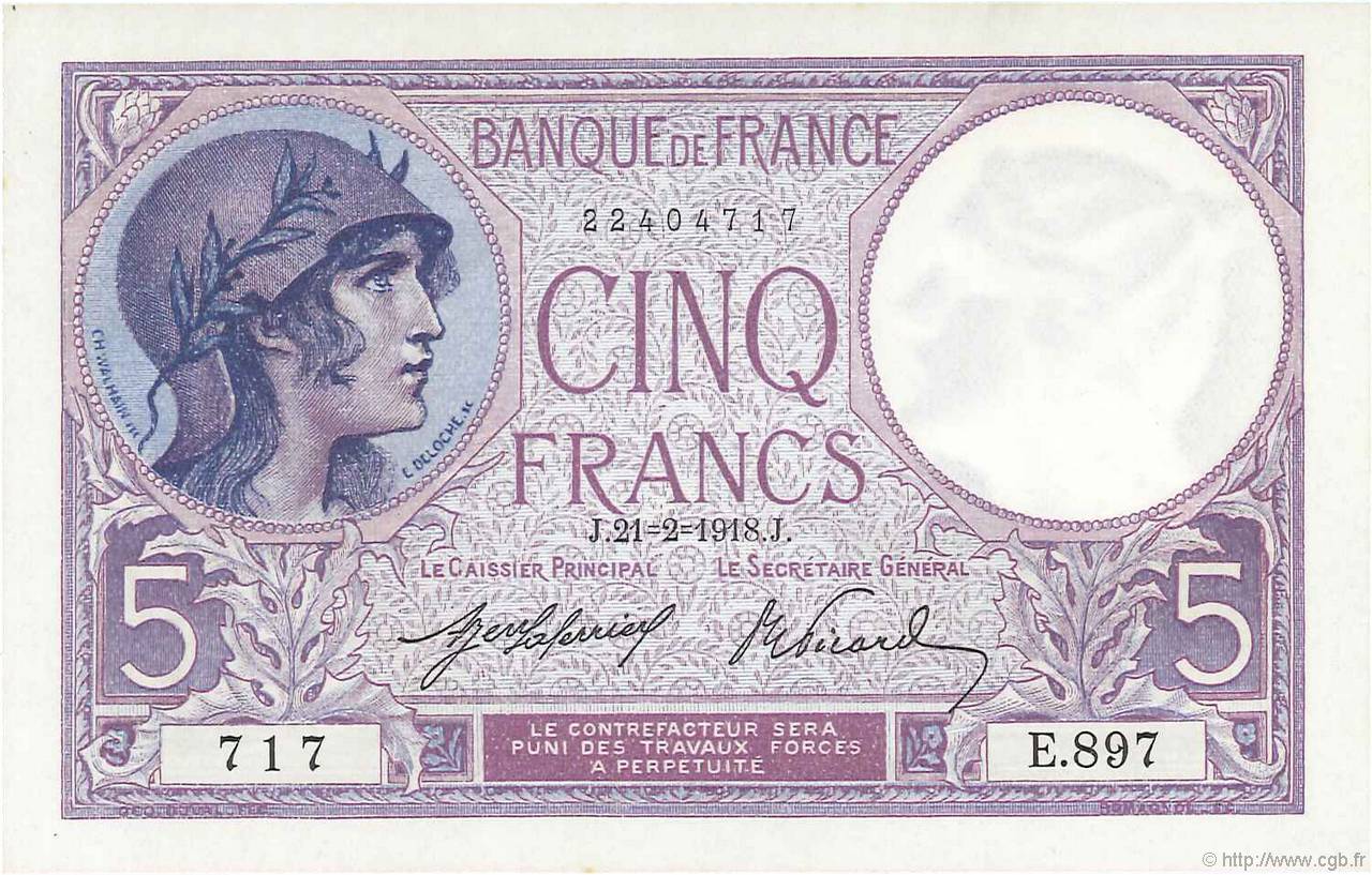 5 Francs FEMME CASQUÉE FRANCE  1918 F.03.02 NEUF