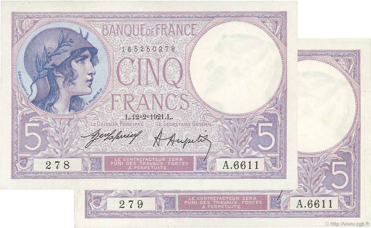 5 Francs FEMME CASQUÉE Consécutifs FRANCE  1921 F.03.05 AU+