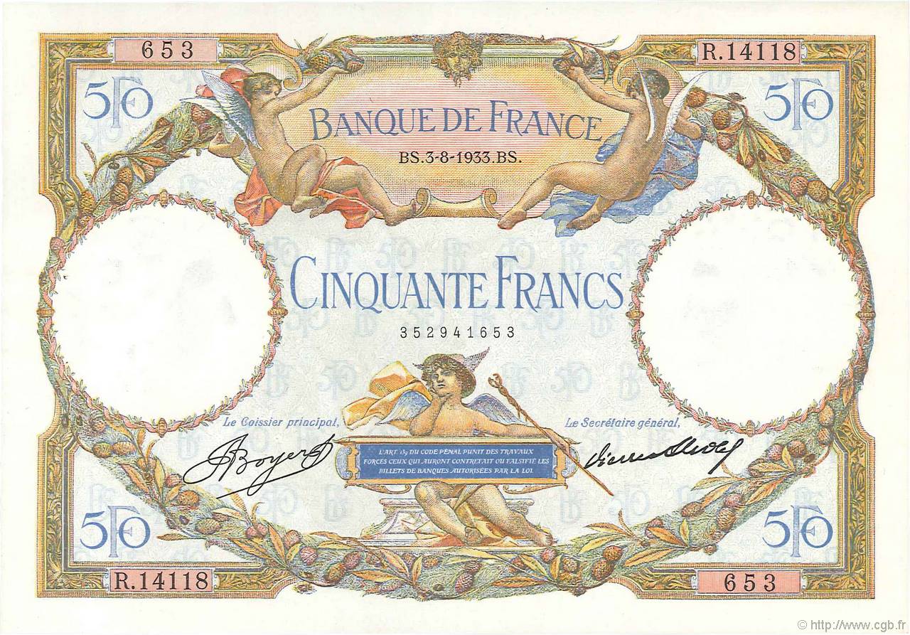 50 Francs LUC OLIVIER MERSON type modifié FRANCIA  1933 F.16.04 SPL a AU