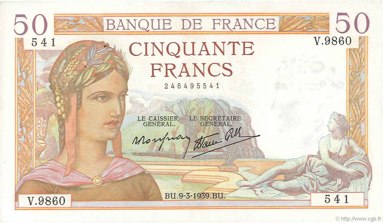50 Francs CÉRÈS modifié FRANCE  1939 F.18.23 XF+