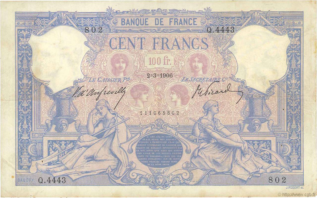 100 Francs BLEU ET ROSE FRANCIA  1906 F.21.20 MB a BB