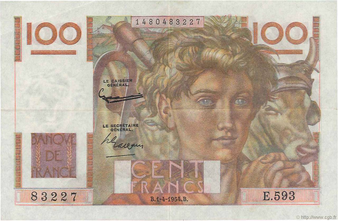 100 Francs JEUNE PAYSAN filigrane inversé FRANCIA  1954 F.28bis.06 SPL