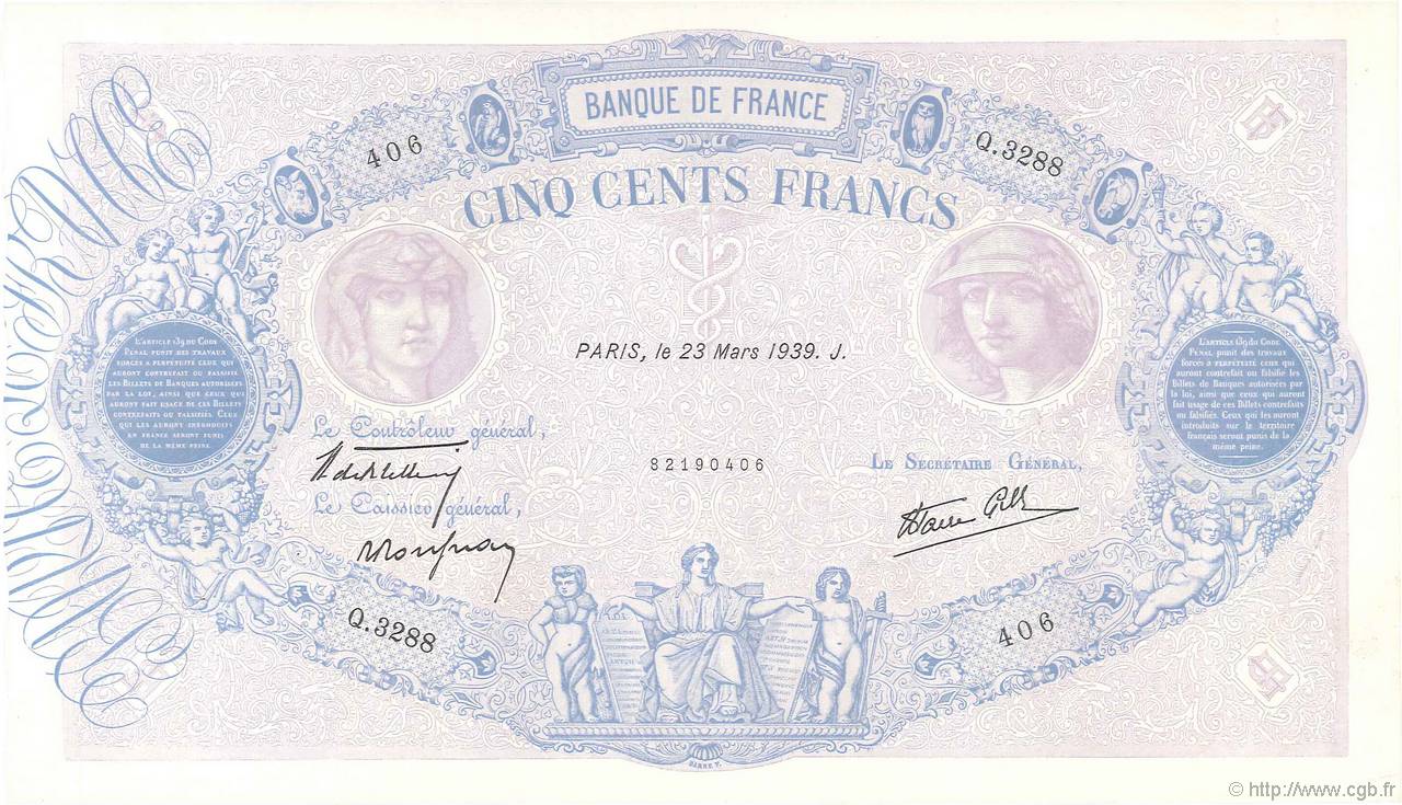 500 Francs BLEU ET ROSE modifié FRANCE  1939 F.31.28 XF