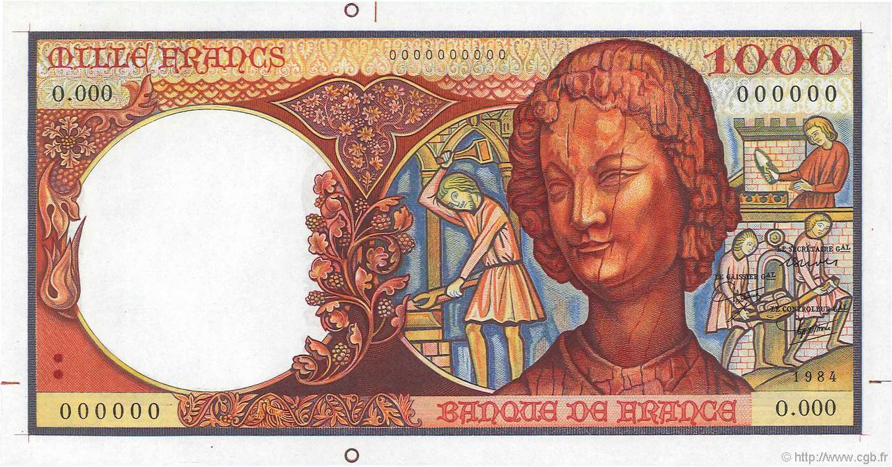 1000 Francs ART MÉDIÉVAL type 1983 Non émis FRANCE  1983 NE.1983.01b NEUF
