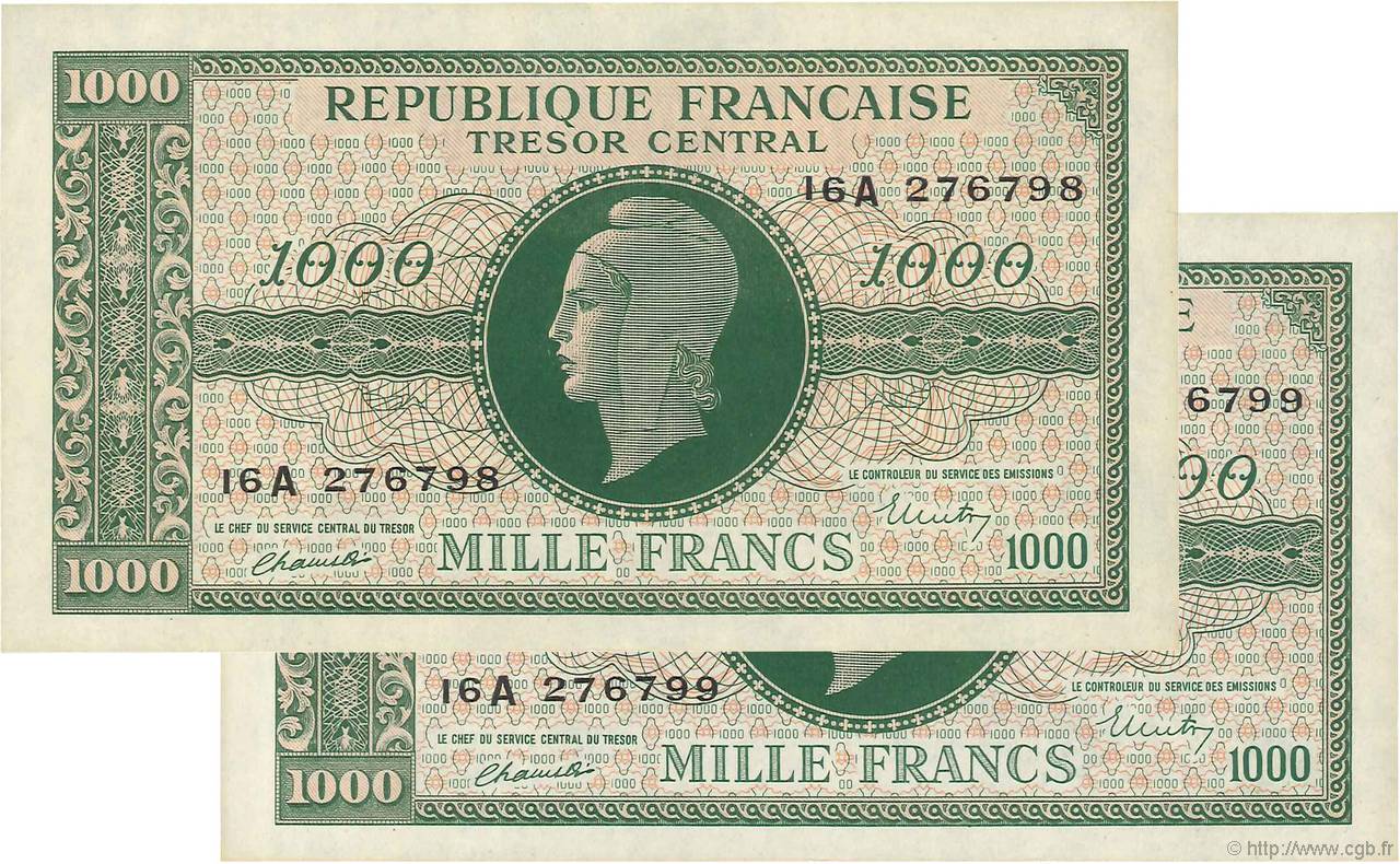 1000 Francs MARIANNE BANQUE D ANGLETERRE Consécutifs FRANCE  1945 VF.12.01 AU