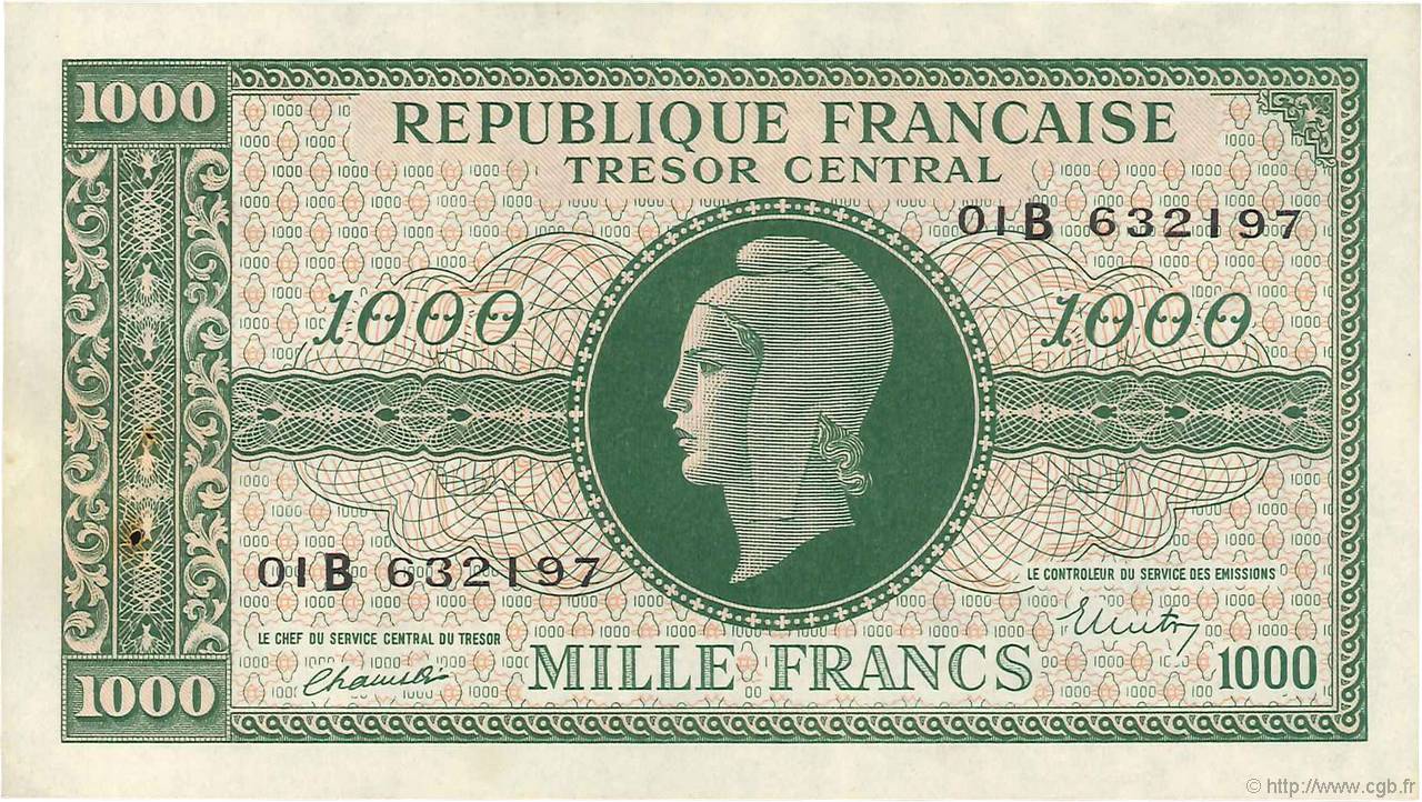 1000 Francs MARIANNE BANQUE D ANGLETERRE FRANKREICH  1945 VF.12.02 VZ+