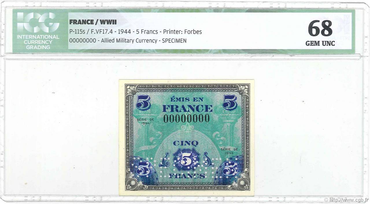 5 Francs DRAPEAU Spécimen FRANCE  1944 VF.17.00Sp NEUF