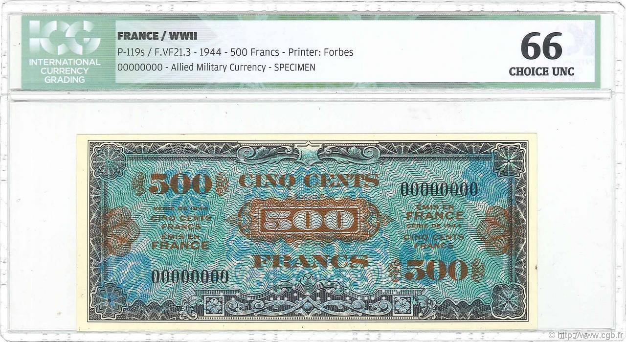 500 Francs DRAPEAU Spécimen FRANCE  1944 VF.21.00Sp NEUF