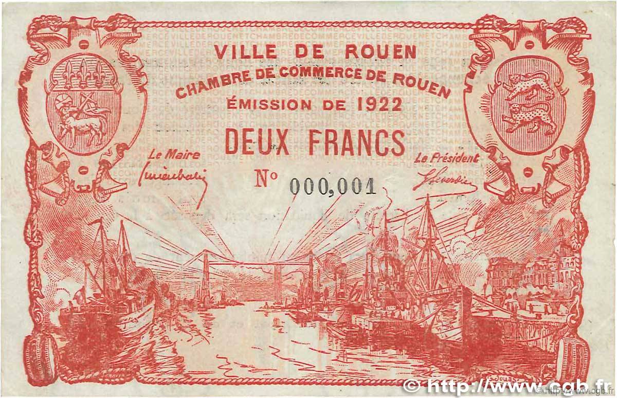 2 Francs FRANCE Regionalismus und verschiedenen Rouen 1922 JP.110.66 VZ