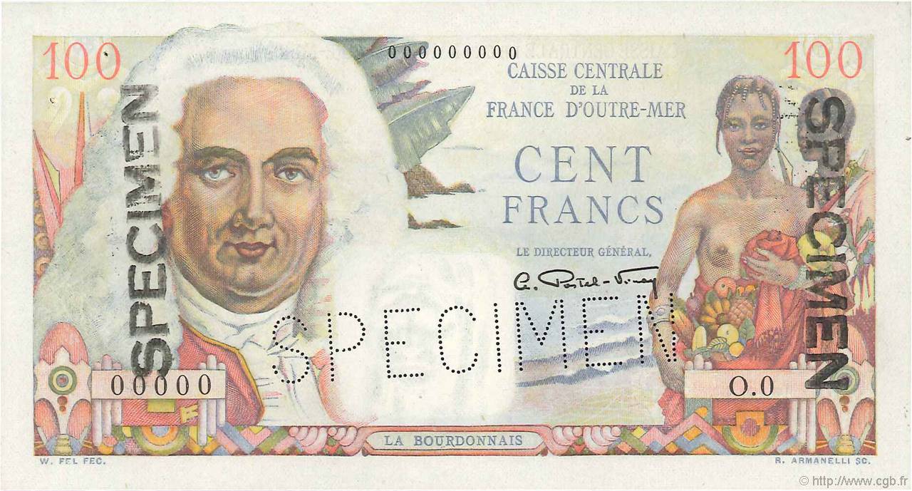 100 Francs La Bourdonnais Spécimen AFRIQUE ÉQUATORIALE FRANÇAISE  1947 P.24s SC