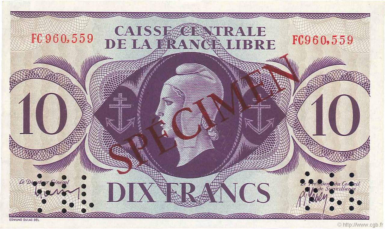 10 Francs Spécimen FRENCH EQUATORIAL AFRICA Brazzaville 1941 P.11s AU
