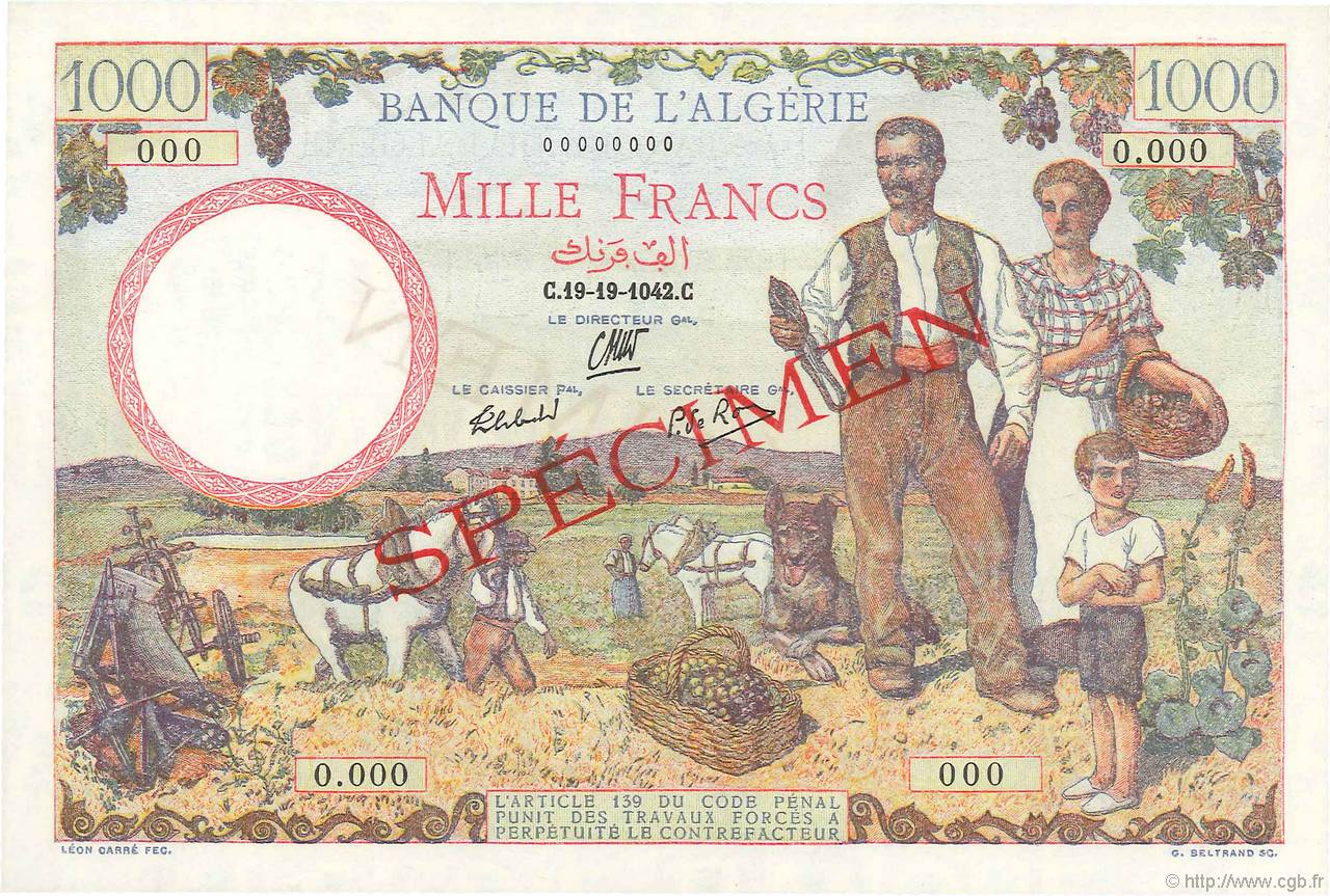 1000 Francs Spécimen ALGERIA  1942 P.089s UNC-