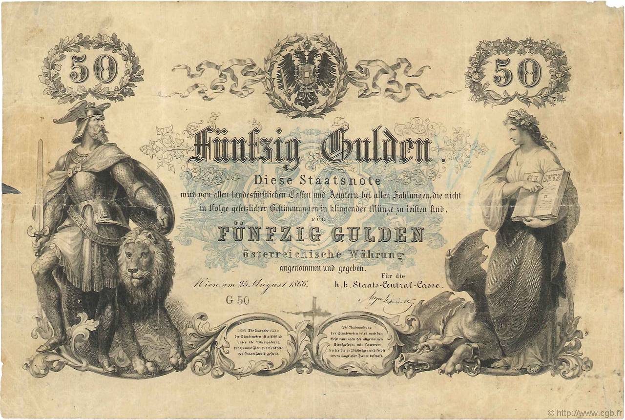 50 Gulden AUSTRIA  1866 P.A152 q.MB