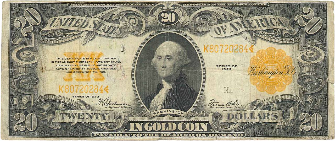 20 Dollars UNITED STATES OF AMERICA  1922 P.275 F